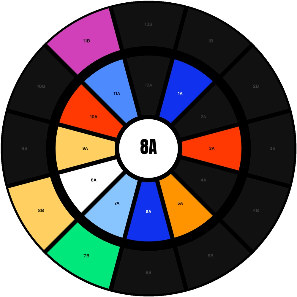 Camelot Wheel with 8A selected and its compatible keys lit up